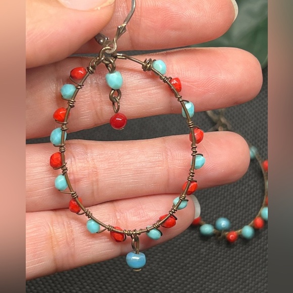Turquoise and coral bohemian hoop drop earrings lightweight - Picture 1 of 6